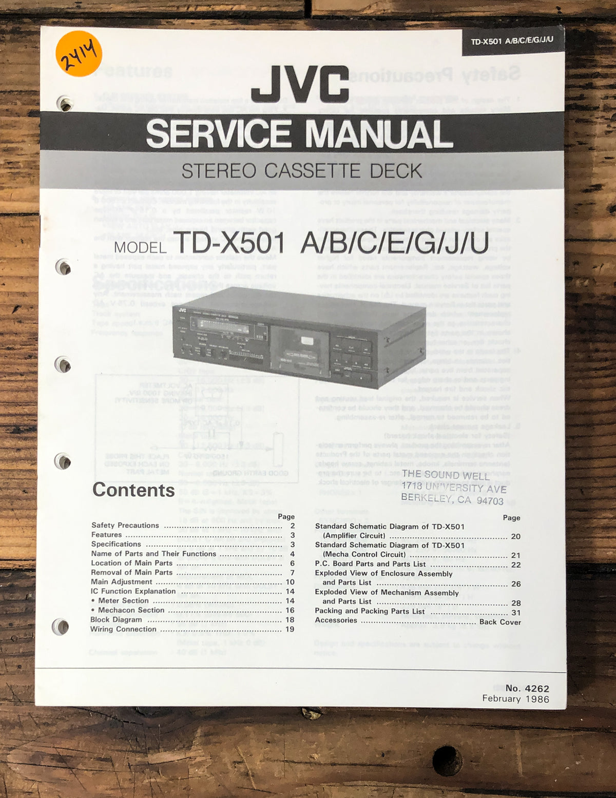 JVC TD-X501 Cassette  Service Manual *Original*