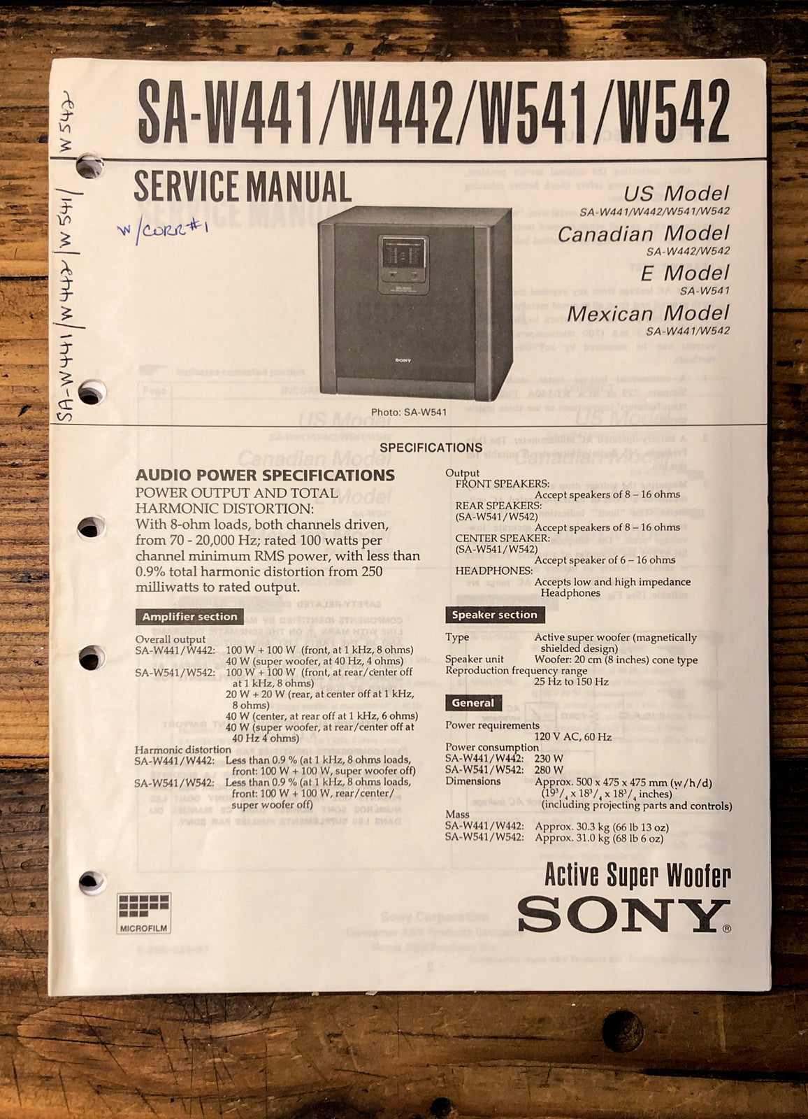 Sony SA-W441 -W442 -W541 -W542 Speaker  Service Manual *Original*