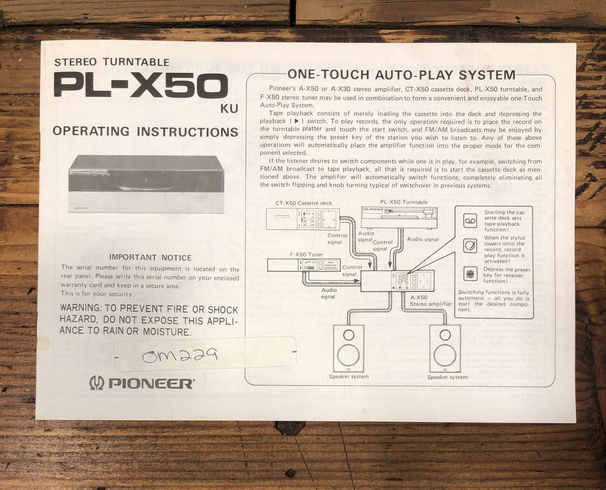 Pioneer PL-X50 Record Player / Turntable Owners / User Manual *Original*