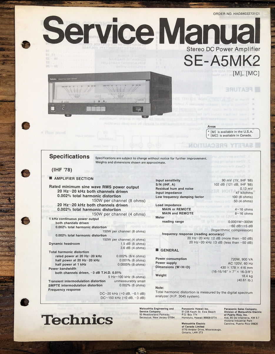 Technics SE-A5 MK2 Amplifier Service Manual *Original*