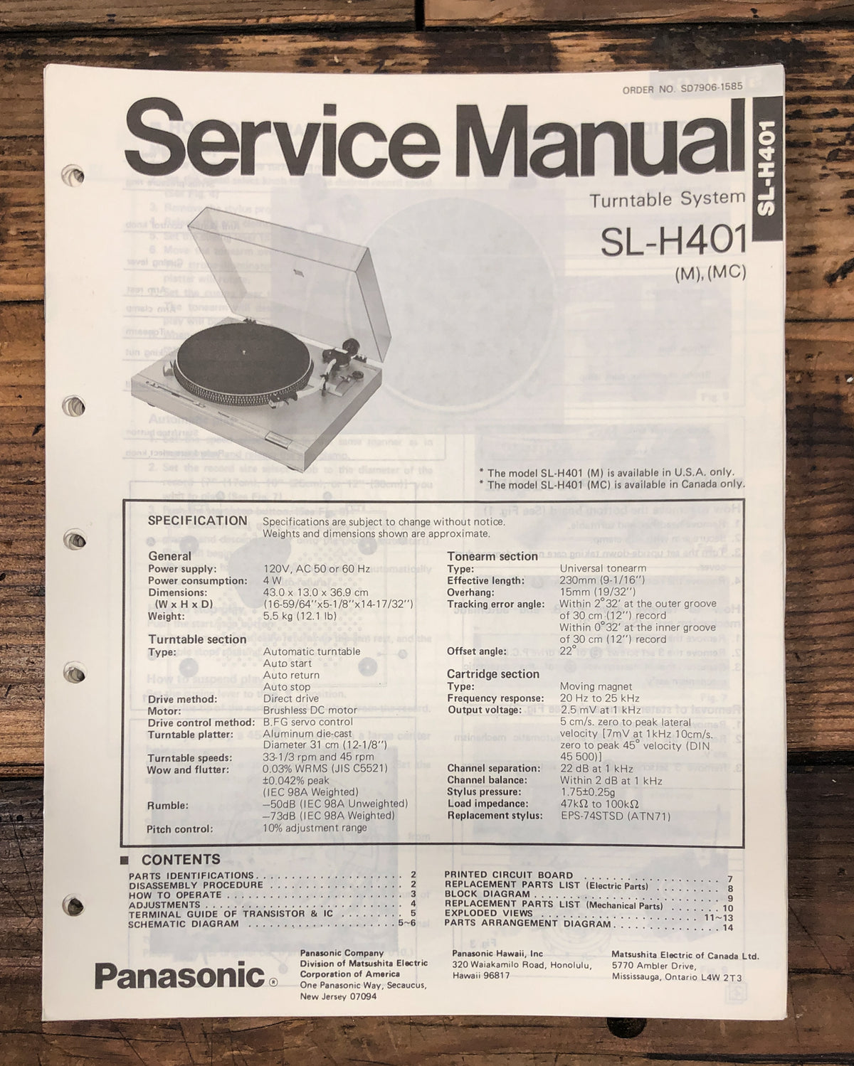 Technics / Panasonic SL-H401 Turntable  Service Manual *Original*