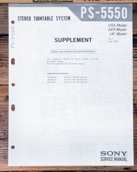Sony PS-5550 Record Player / Turntable Supp. Service Manual *Original*
