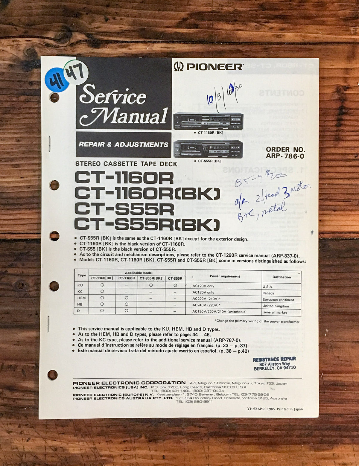 Pioneer CT-1160R CT-S55R Cassette  Service Manual *Original*