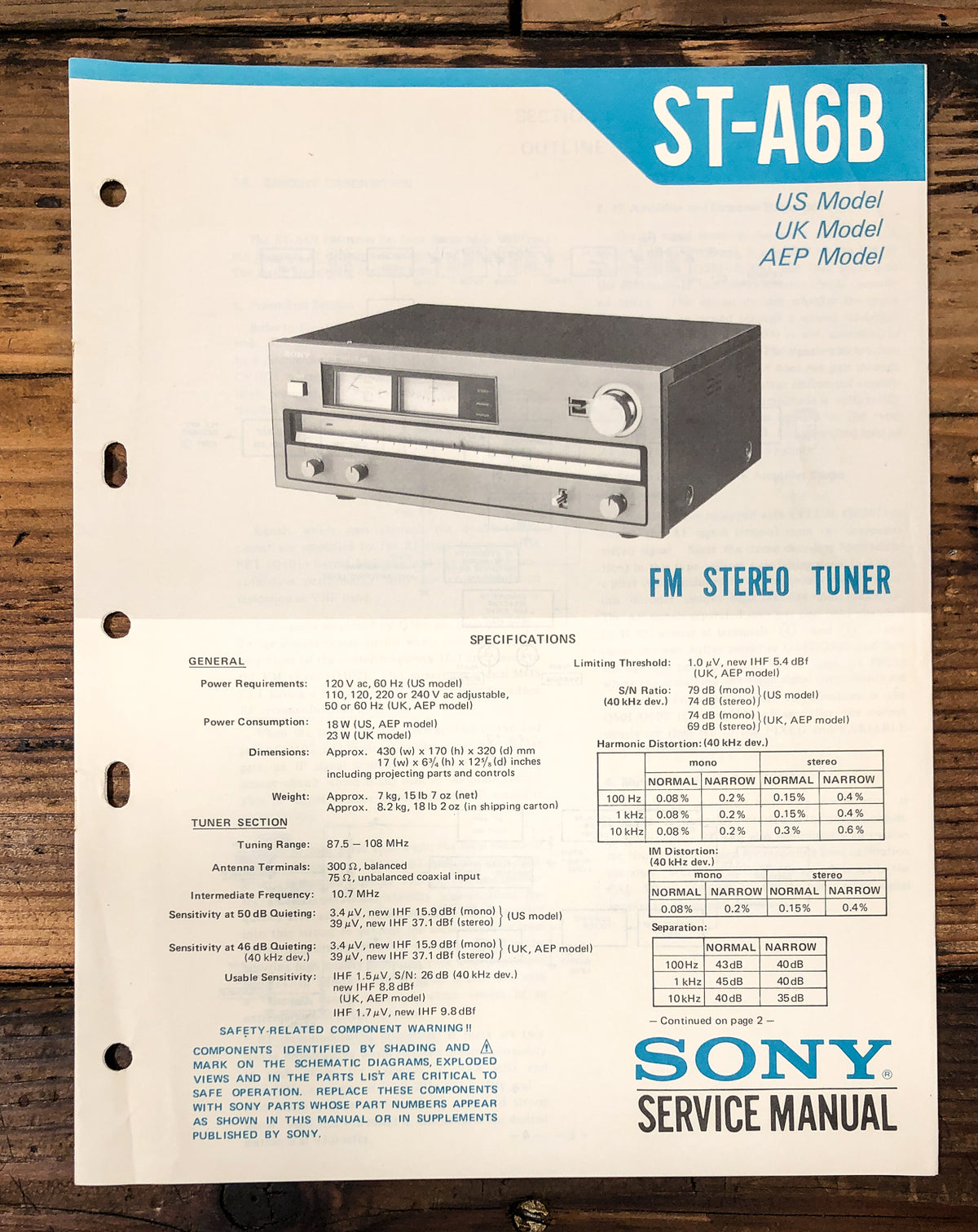 Sony ST-A6B Tuner Service Manual *Original*