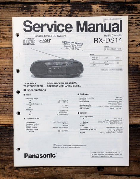 Panasonic RX-DS14 Radio Cassette  Service Manual *Original*