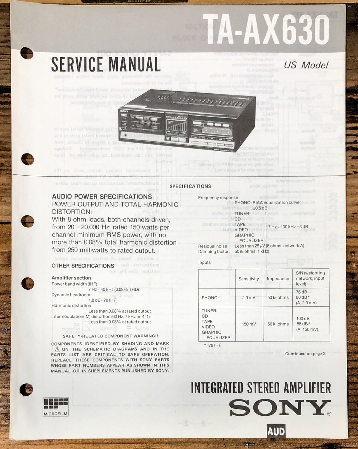 Sony TA-AX630 Amplifier  Service Manual *Original*