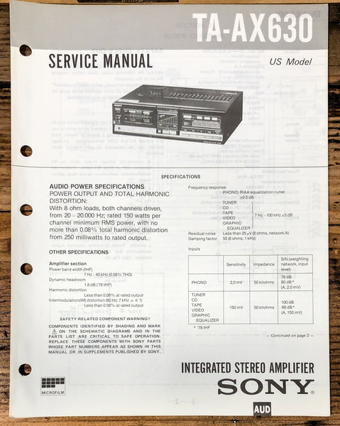 Sony TA-AX630 Amplifier  Service Manual *Original*