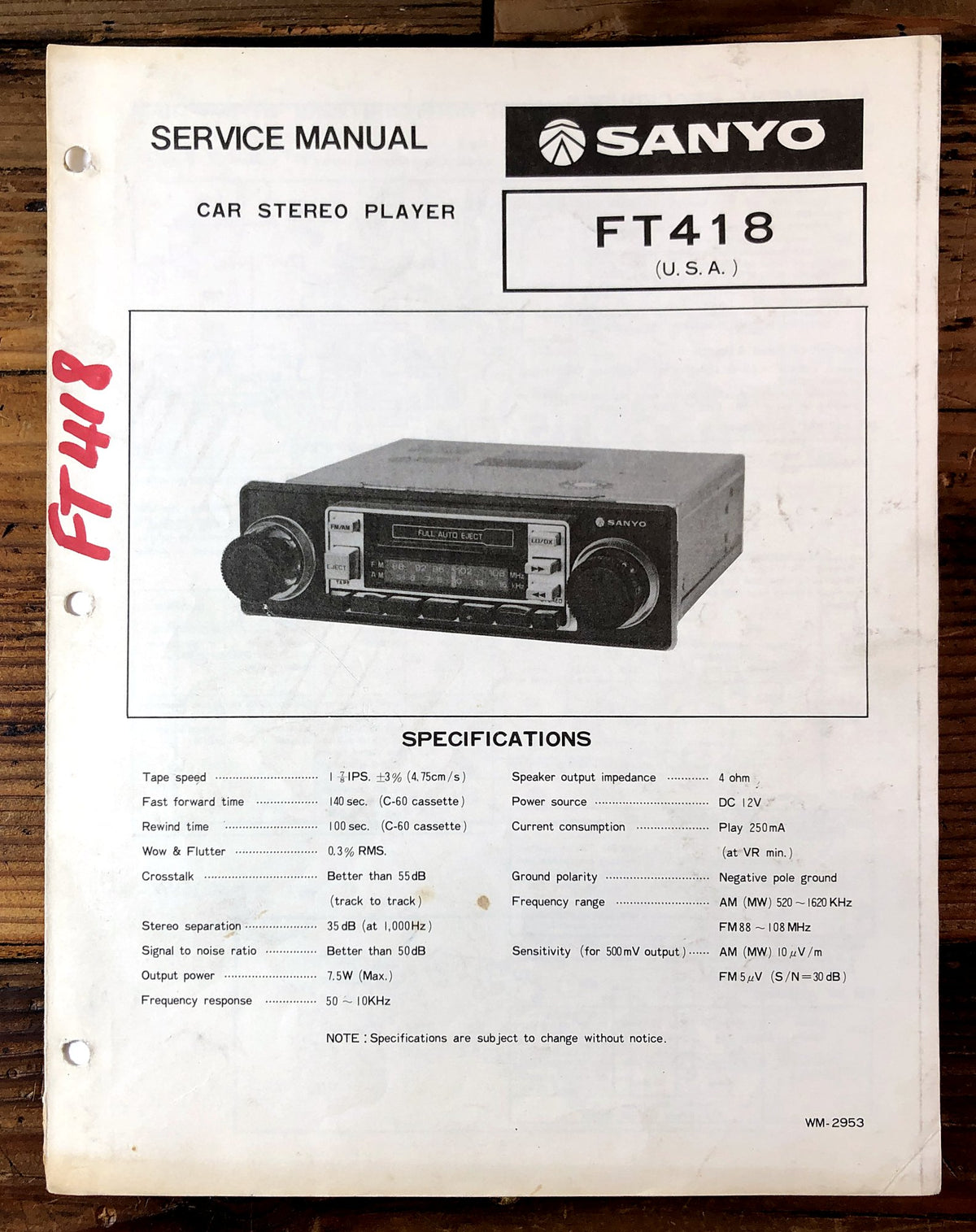 Sanyo FT418 Car Stereo Player Service Manual *Original*