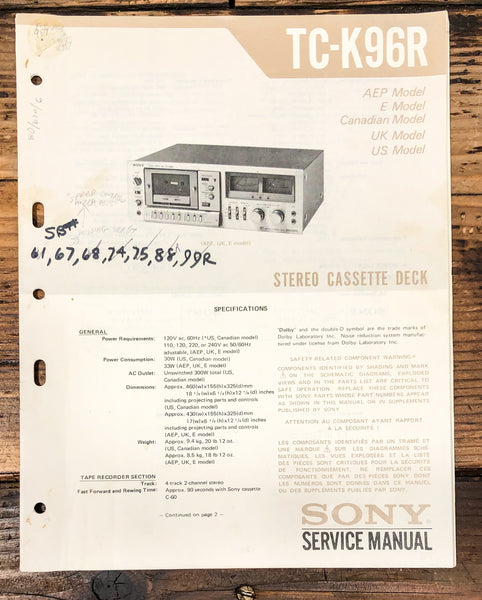 Sony TC-K96R Cassette Service Manual *Original*