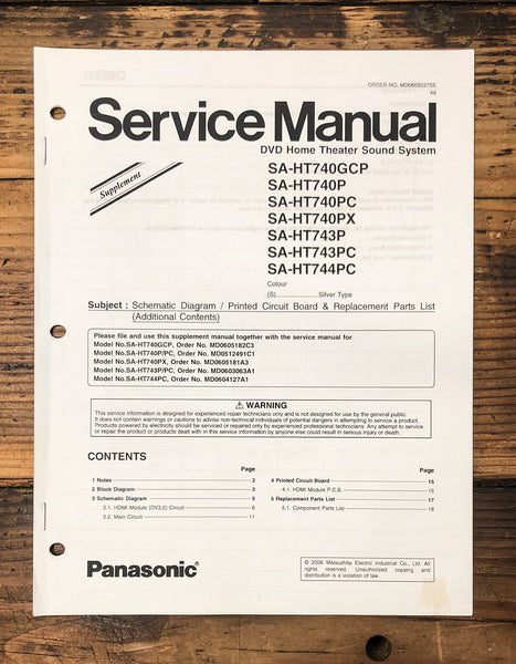 Panasonic SA-HT740 -HT743 -HT744  Supp. Service Manual *Original*