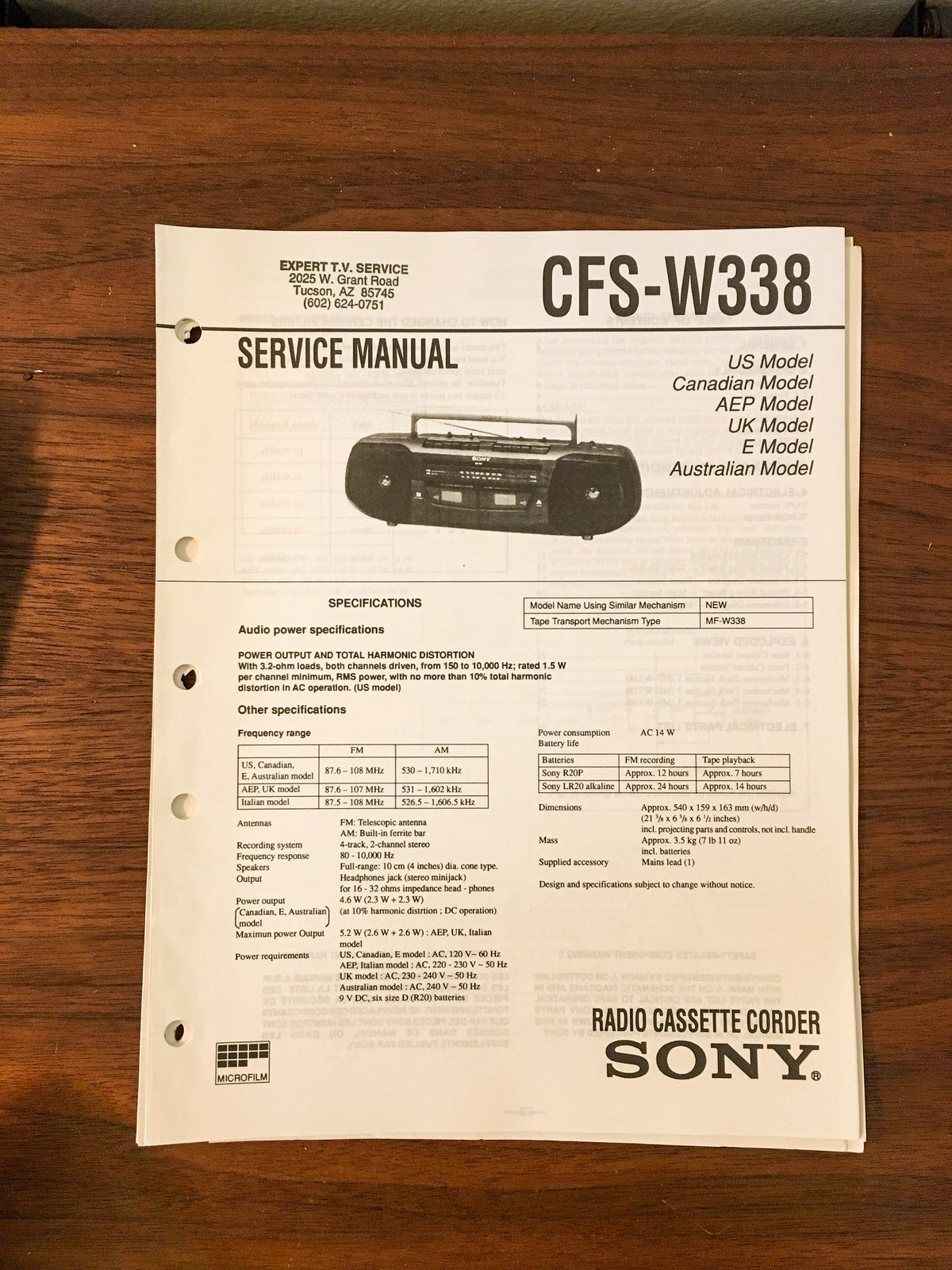 Sony CFS-W338 RADIO CASSETTE Service Manual *Original*