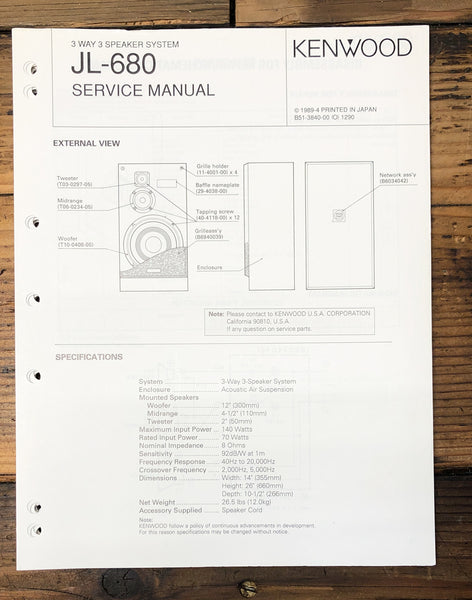 Kenwood JL-680 Speaker  Service Manual *Original*