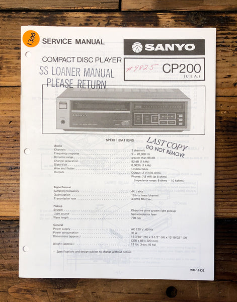 Sanyo CP200 CP-200 CD Player  Service Manual *Original*