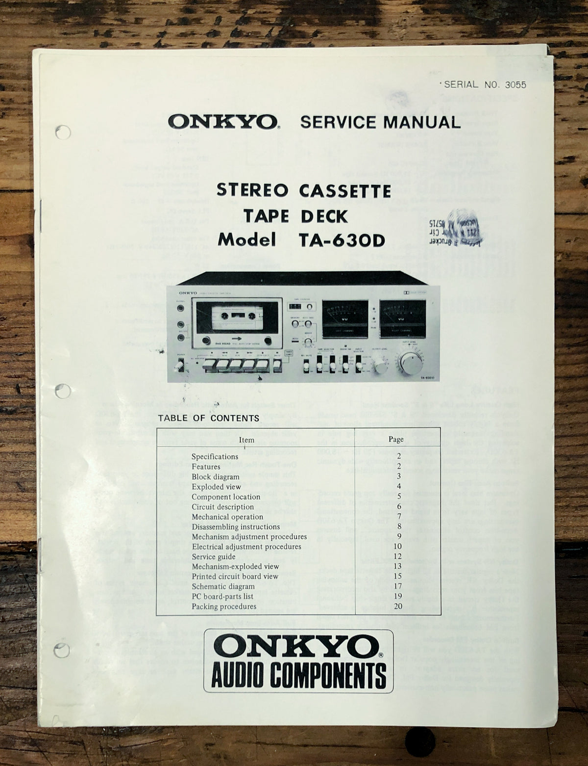 Onkyo TA-630D Cassette  Service Manual *Original* #2