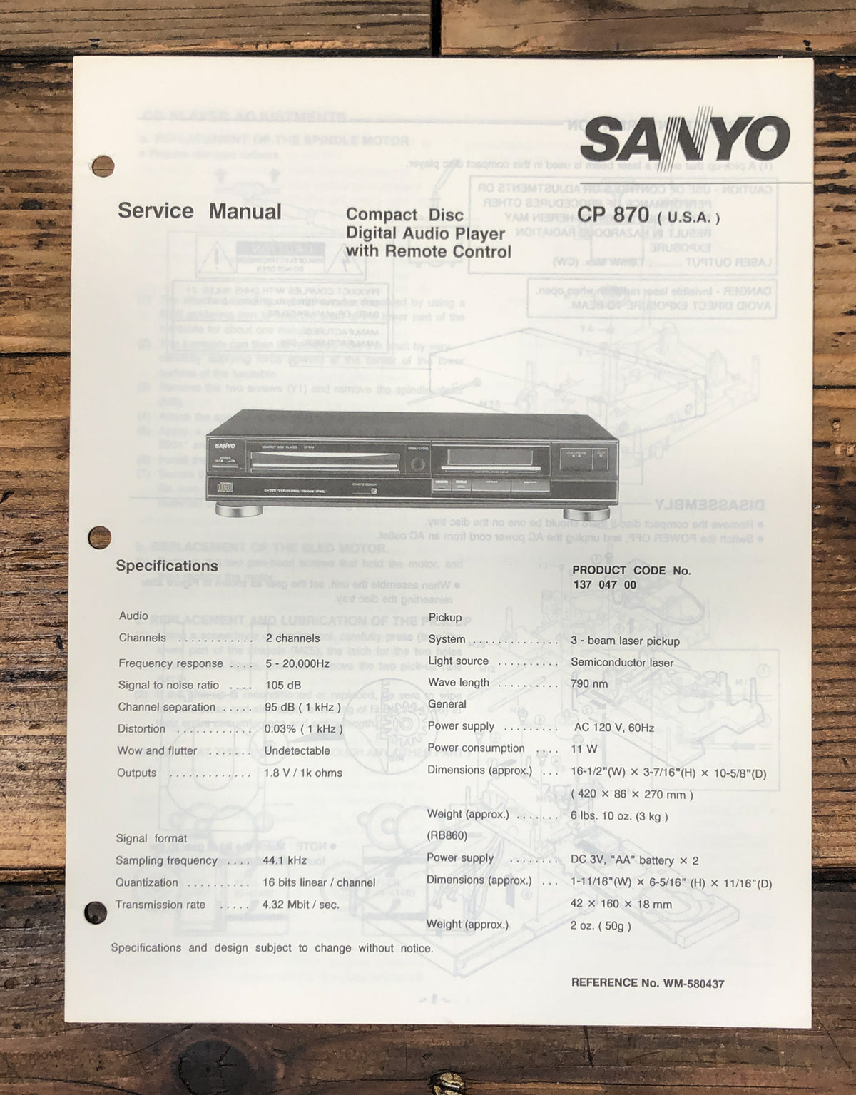 Sanyo CP-870 CP-870 CD Player Service Manual *Original*