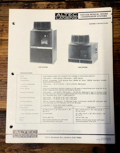 Altec Model 1235 1236 Speaker  Owners Manual & Schematic *Orig*