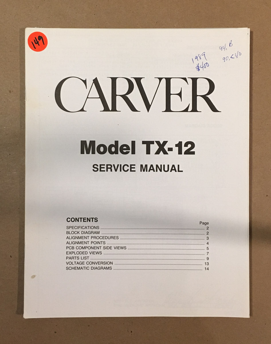 Carver TX-12 Tuner  Service Manual *Original*