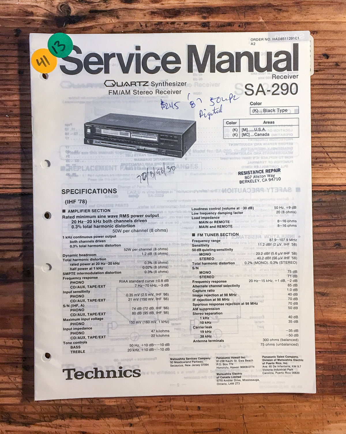 Technics SA-290 Receiver  Service Manual *Original*