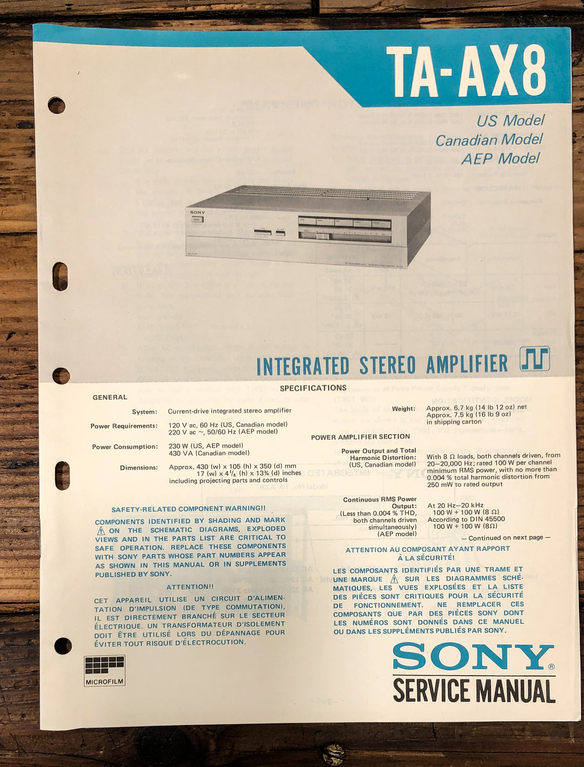 Sony TA-AX8 Amplifier Service Manual *Original*