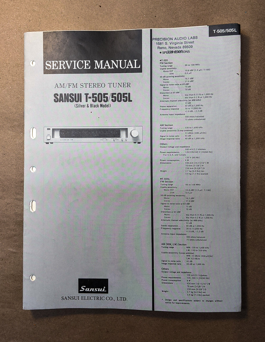 Sansui T-505 T-505L Tuner Service Manual *Original*