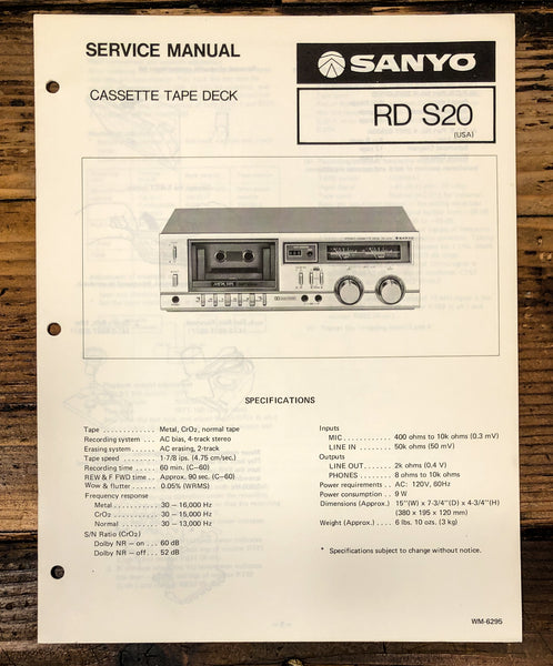 Sanyo RD S20 RD-S20 Cassette Service Manual *Original*