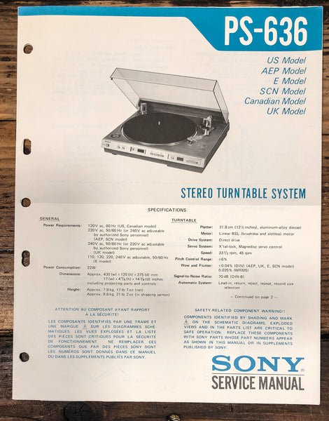 Sony PS-636 Record Player / Turntable Service Manual *Original*