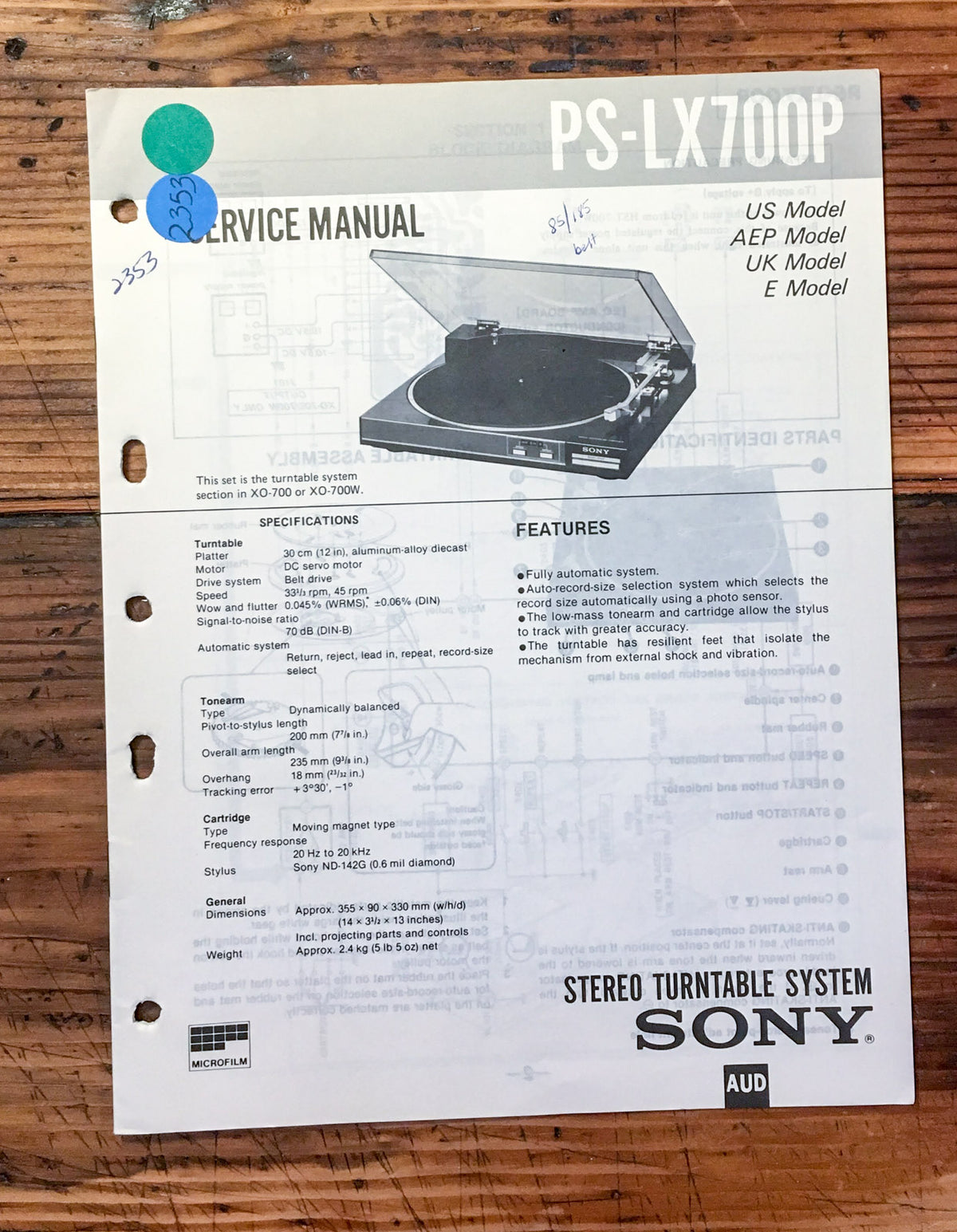 Sony PS-LX700P Record Player / Turntable  Service Manual *Original*