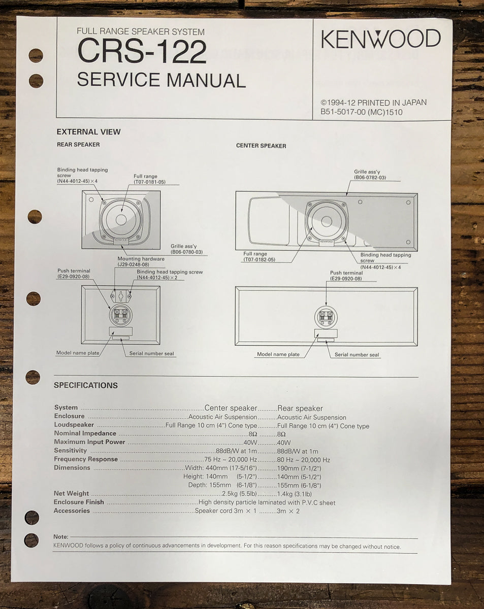Kenwood CRS-122 Speaker Service Manual *Original*