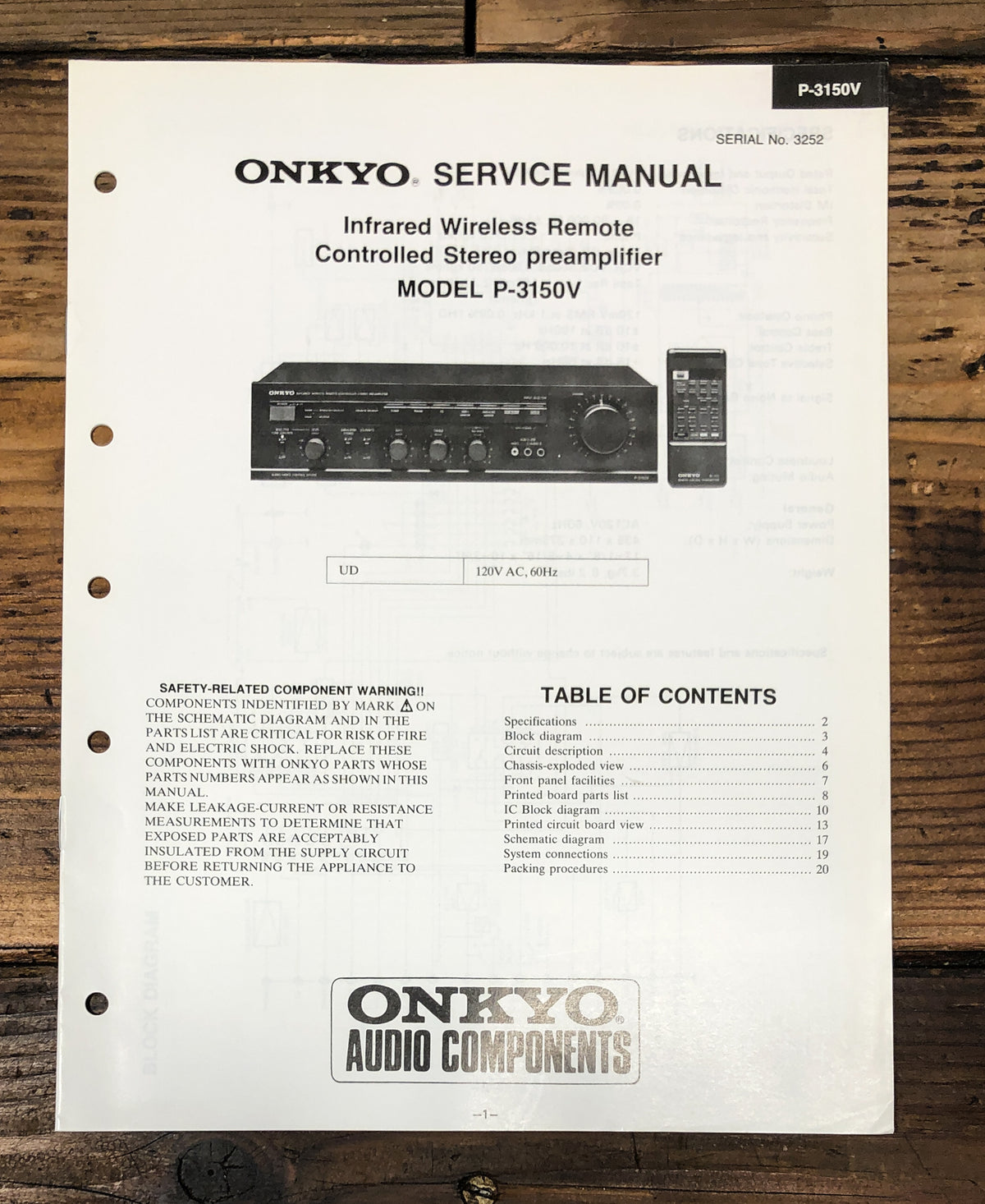Onkyo P-3150V Preamp / Preamplifier Service Manual *Original*