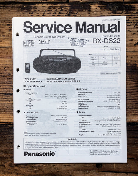 Panasonic RX-DS22 Radio Cassette  Service Manual *Original*