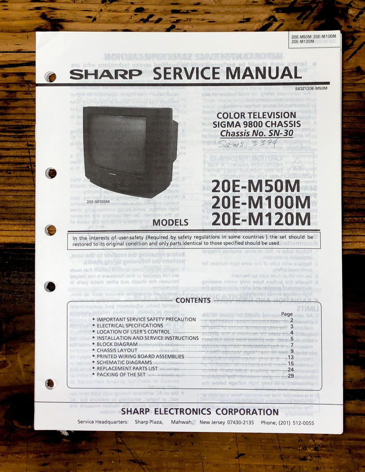 Sharp 20E-M50M M100M M120M TV / Television Service Manual *Original*
