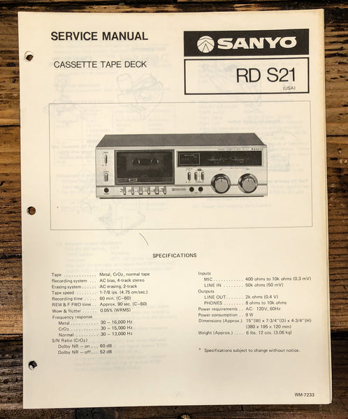 Sanyo RD S21 RD-S21 Cassette Service Manual *Original*