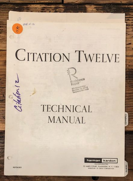 Harman Kardon Citation 12 / Twelve Amplifier  Service Manual *Original*