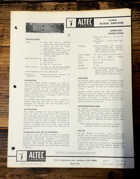 Altec Model 1556A Amplifier  Owners Manual & Schematic *Orig*