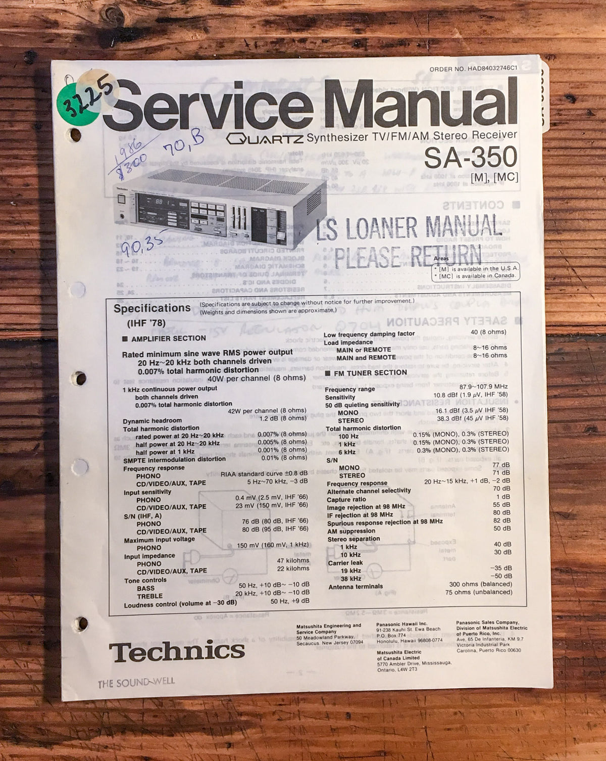 Technics SA-350 Receiver  Service Manual *Original*