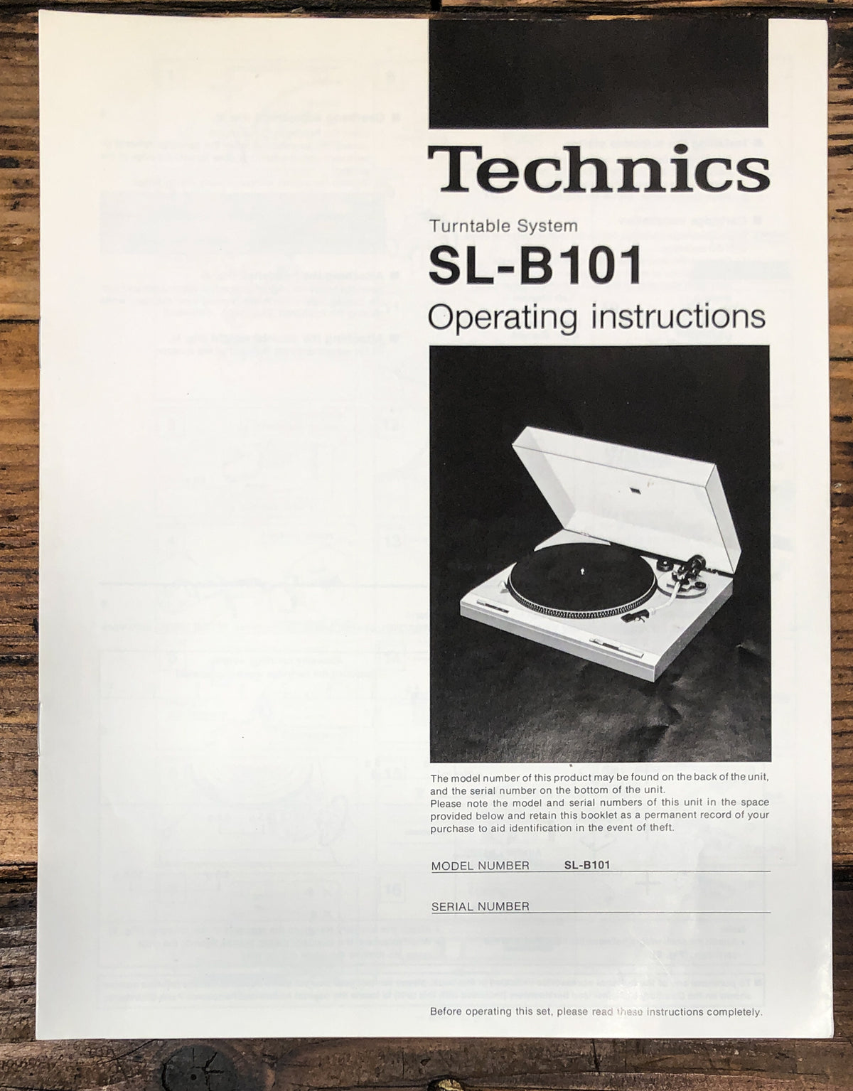 Technics SL-B101 Record Player / Turntable Owners / User Manual *Original*