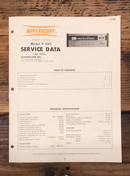 Superscope T-220 Tuner  Service Manual *Original*