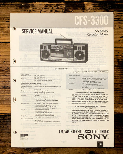 Sony CFS-3300 Radio / Stereo  Service Manual *Original*