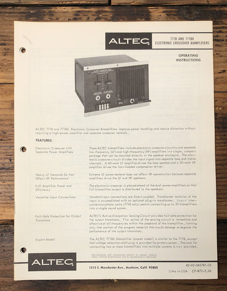 Altec Model 771B 771BX Crossover  Service Manual *Original*