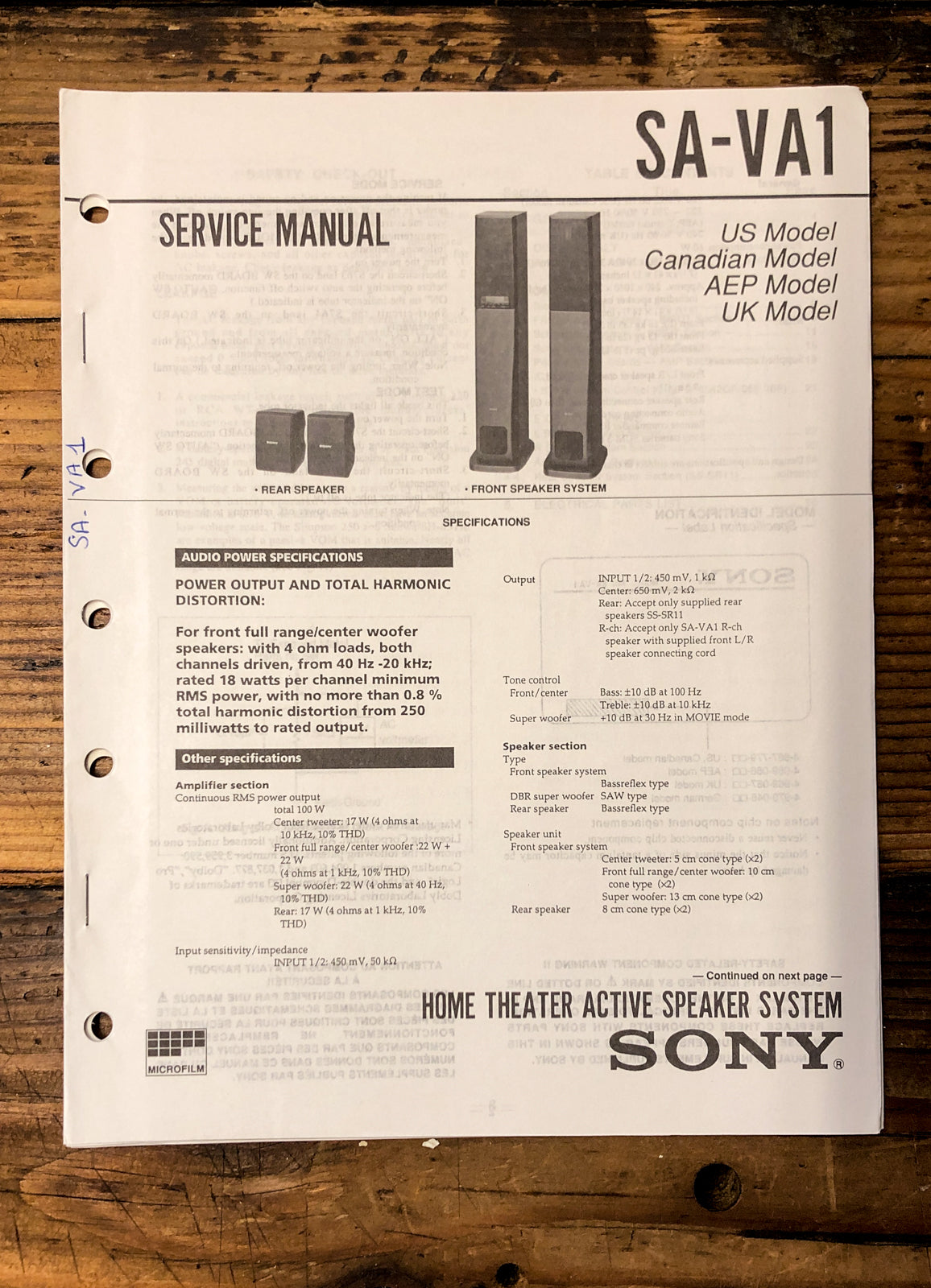 Sony SA-VA1 Speaker  Service Manual *Original*