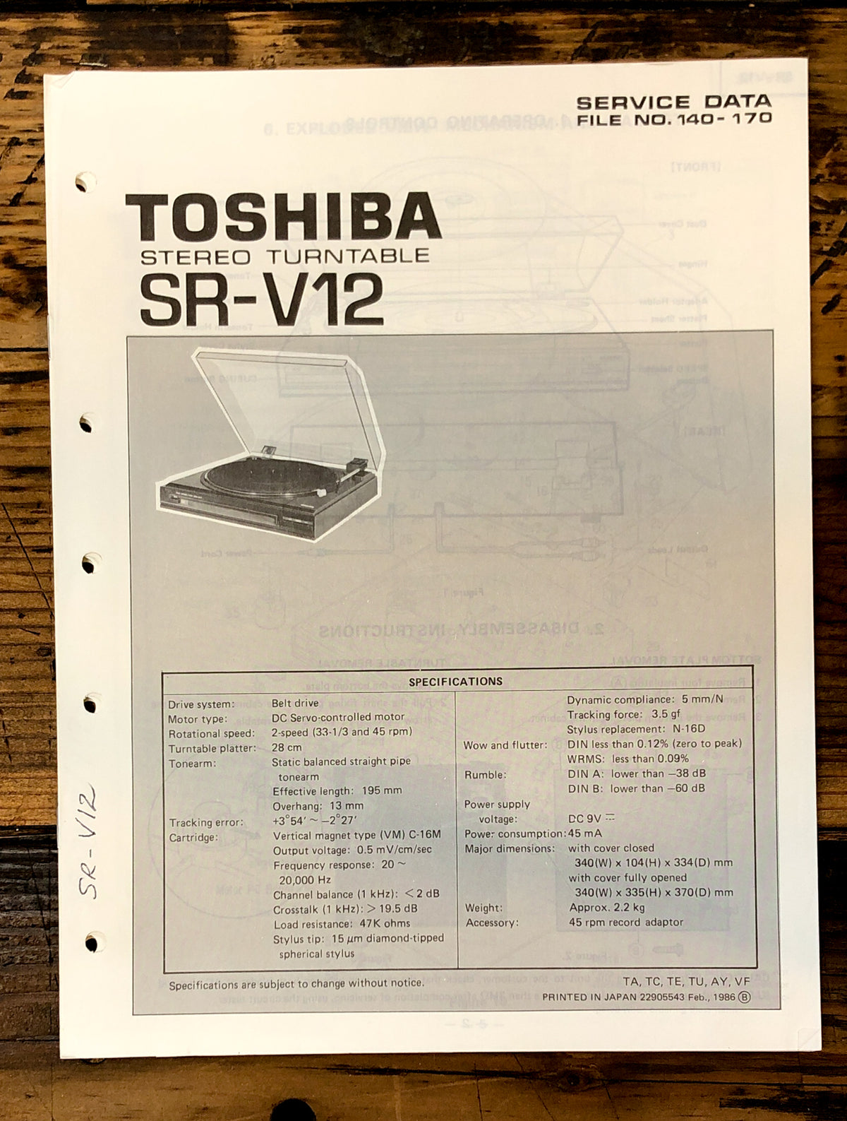 Toshiba SR-V12 Record Player / Turntable Service Manual *Original*