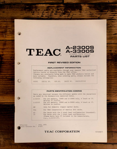 Teac A-2300 2300S A-3300S Reel to Reel Parts List Service Manual *Original*