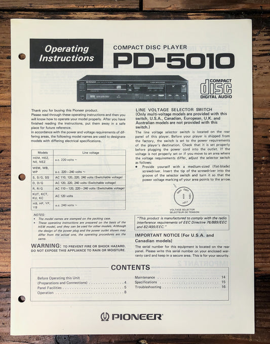Pioneer PD-5010 CD Player Owners / User Manual *Original*