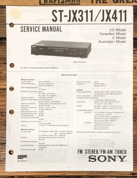 Sony ST-JX311 ST-JX411 Tuner  Service Manual *Original*