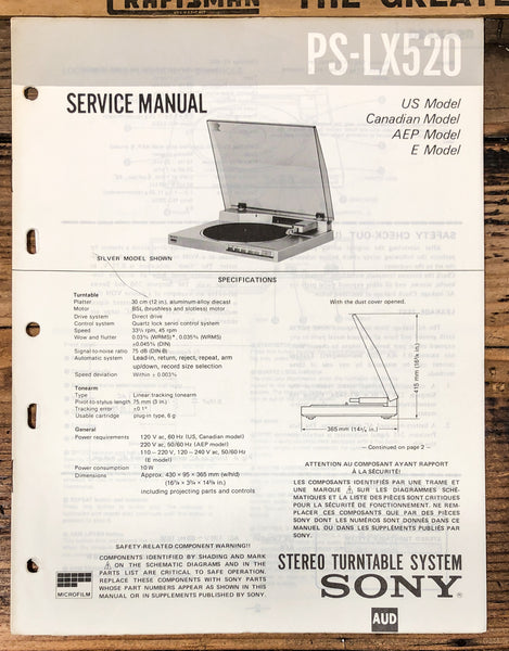 Sony PS-LX520 Record Player / Turntable  Service Manual *Original*