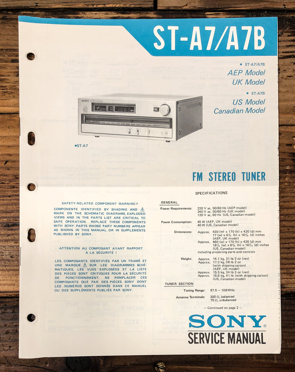 Sony ST-A7 ST-A7B Tuner Service Manual *Original*