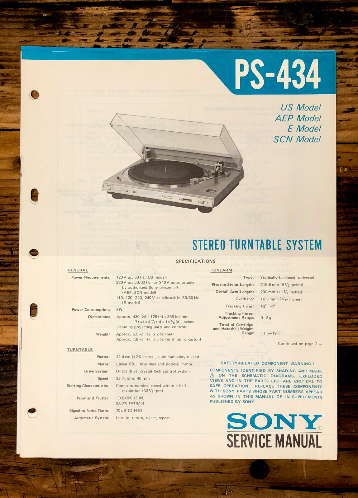 Sony PS-434 Record Player / Turntable  Service Manual *Original*