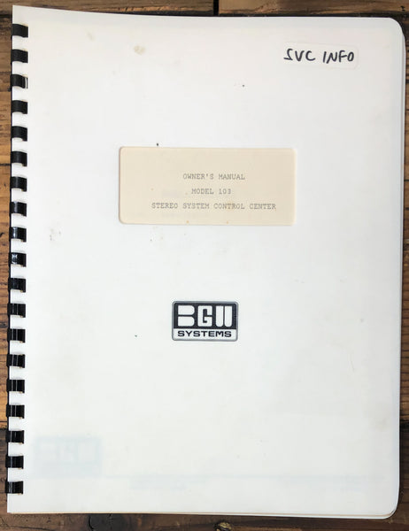 BGW Systems Model 103 Preamplifier  Owner / User Manual *Original*