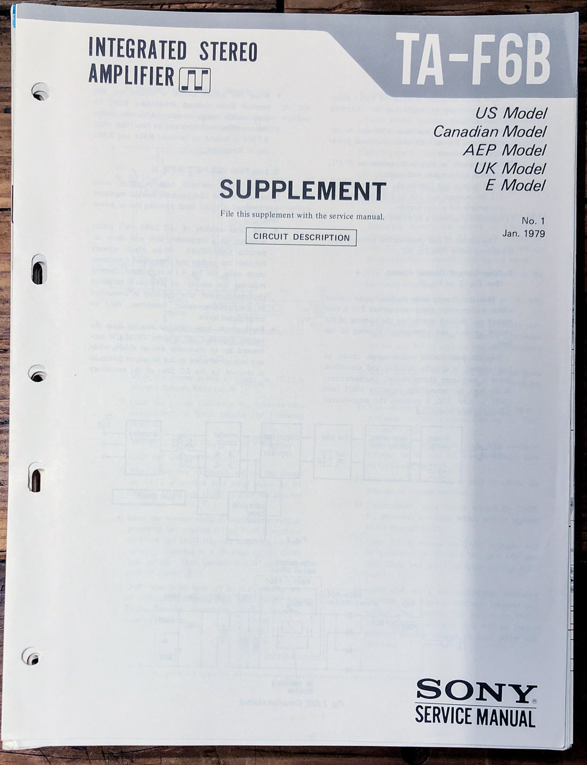 Sony TA-F6B Amplifier Supp. Service Manual *Original*