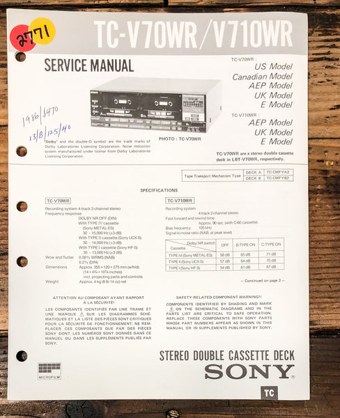 Sony TC-V70WR TC-V710WR Cassette Service Manual *Original*
